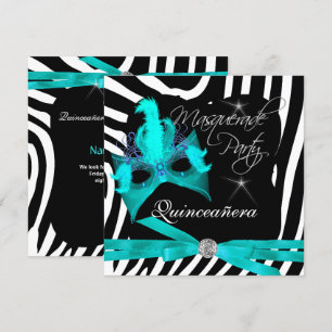 Invitación Fiesta de Quinceañera Mascarada Cebra Azul Teal