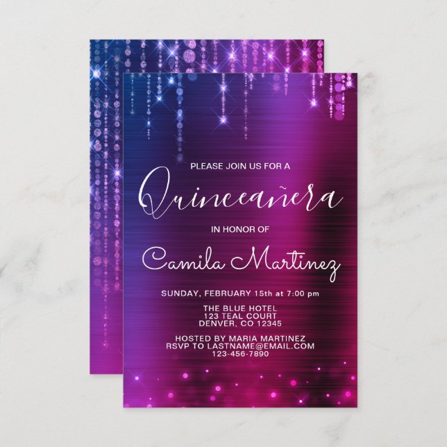 Invitación Fiesta de Quinceanera Moderna Rosa y Púrpura (Anverso / Reverso)