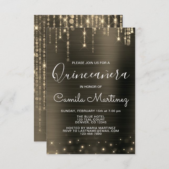 Invitación Fiesta de Quinceanera Moderno Negro y Oro (Anverso / Reverso)