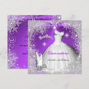 Invitación Fiesta de Quinceañera Morado Plateado Copos de Nie