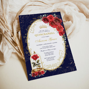 Invitación Fiesta de Quinceañera Navy Gold Rosas Rojas Encant