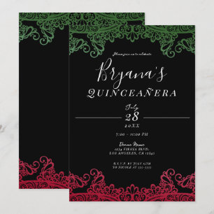 Invitación Fiesta de Quinceañera Negra Elegante Verde y Roja