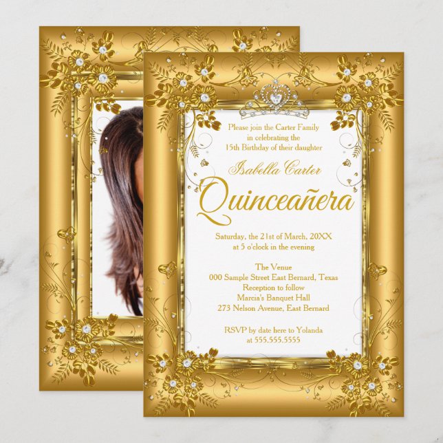 Invitación Fiesta de Quinceanera Photo Gold Diamond Tiara (Anverso / Reverso)