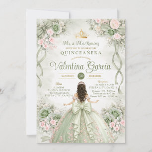 Invitación Fiesta de Quinceañera Princesa XV Rosa y Verde Sal