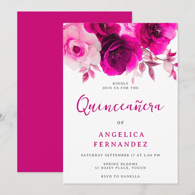 Invitación Fiesta de Quinceanera rosa rosa de Fuchsia, vibran (Anverso / Reverso)