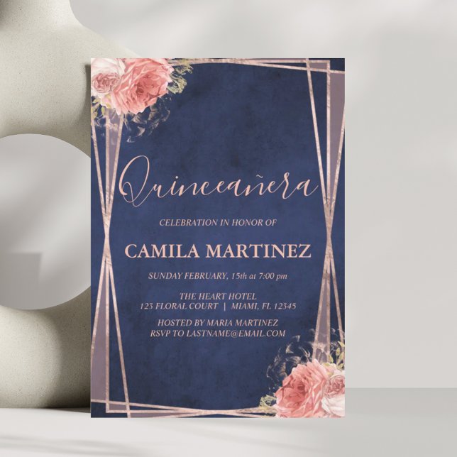 Invitación Fiesta de Quinceanera Rosa y azul de la marina (Subido por el creador)