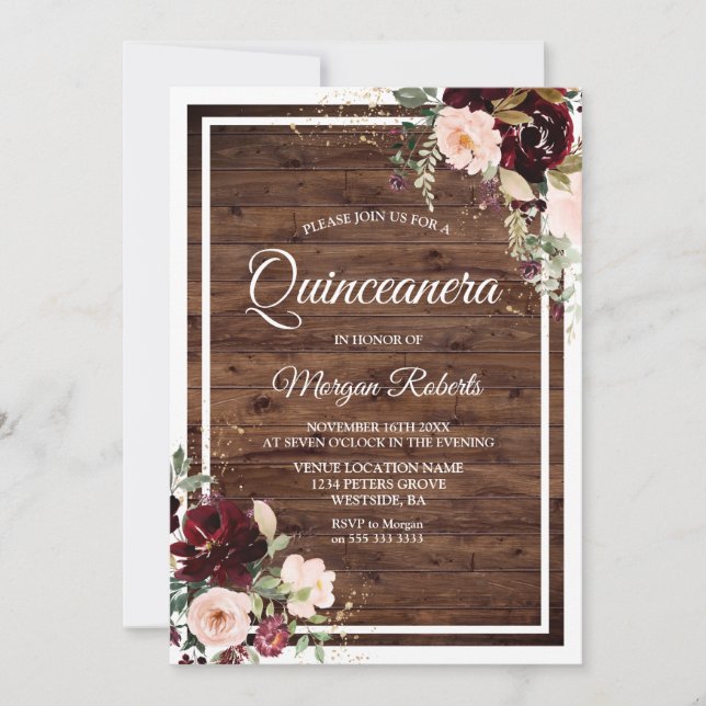 Invitación Fiesta de Quinceanera Rústica de Floral de Vino Ro (Anverso)