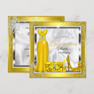 Invitación Fiesta de Quinceañera vestido de oro amarillo plat