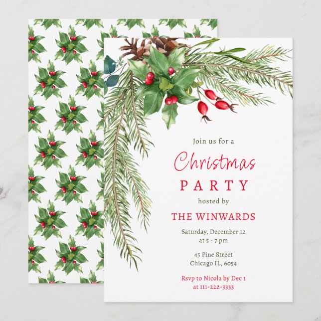 Invitación Fiesta de Ramas de Pino y Navidades de Berries (Anverso / Reverso)
