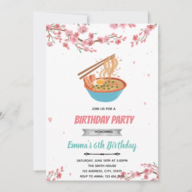 Invitación fiesta de ramen de pijamada de flor de cerezo (Anverso)