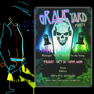 Invitación Fiesta de Rave en el Cementerio con Cráneo Neon pa