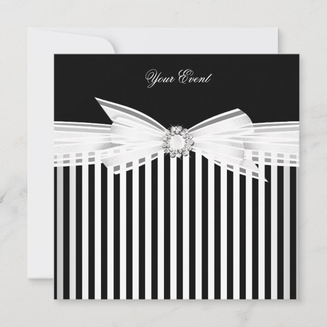 Invitación Fiesta de rayas blancas de doblado negro de todas  (Anverso)