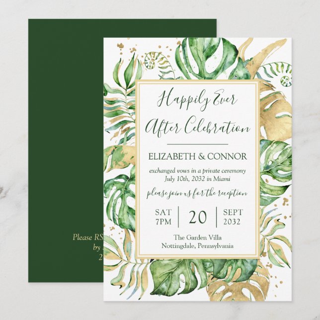 Invitación Fiesta de Recepción de Boda Tropical Feliz para Si (Anverso / Reverso)