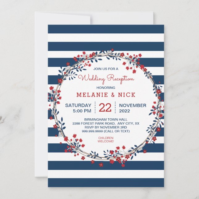 Invitación Fiesta de recepción de bodas floridas de Navy Stri (Anverso)