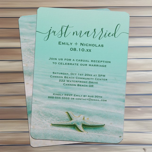 Invitación Fiesta De Recepción De La Playa De Aqua Starfish E (Starfish casual beach elopement reception party invitations with a coastal Summer beach theme)