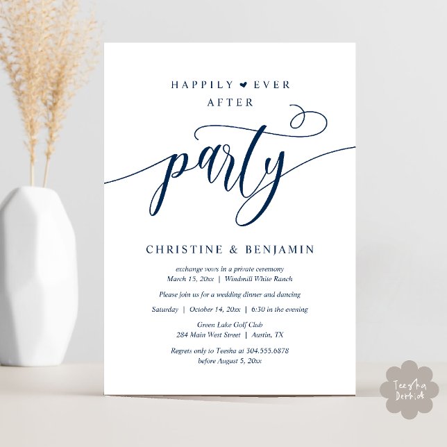 Invitación Fiesta de Recepción Moderna Boho Felices para Siem (Modern Boho Happily Ever After Reception Party Invitation card PDF in navy blue)