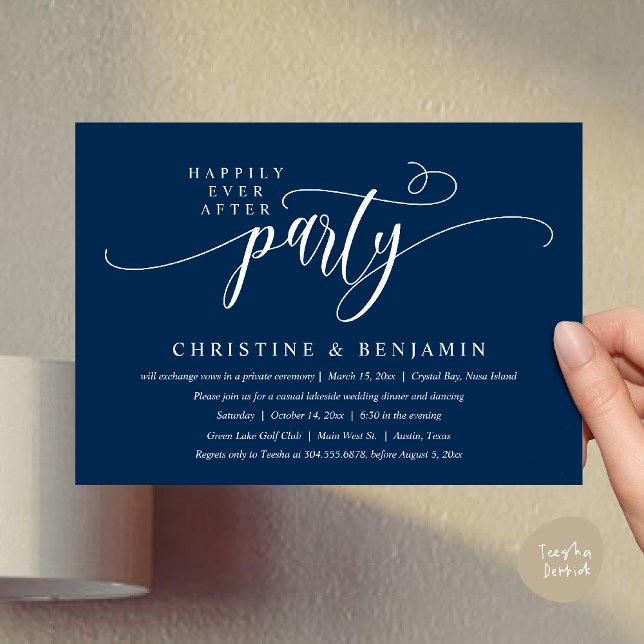 Invitación Fiesta de Recepción Moderna Boho Felices para Siem (Modern Boho Happily Ever After Reception Party Invitation card PDF in navy blue)