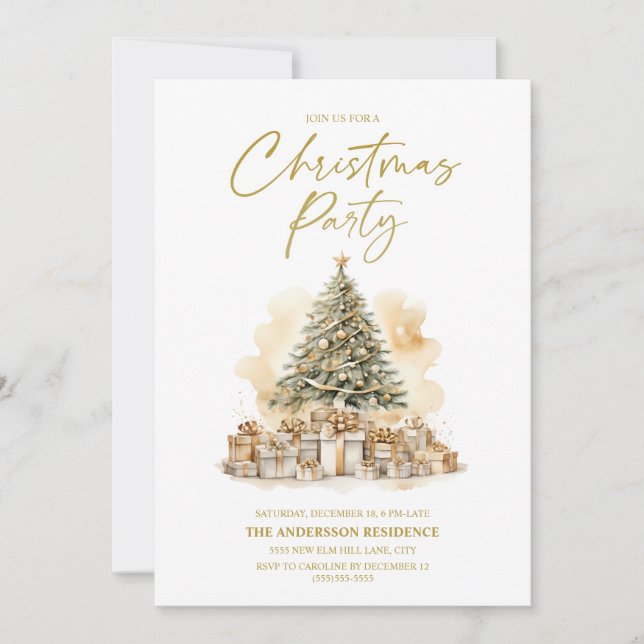 Invitación Fiesta de Regalos de Árbol de Navidad Blanco y Oro (Anverso)