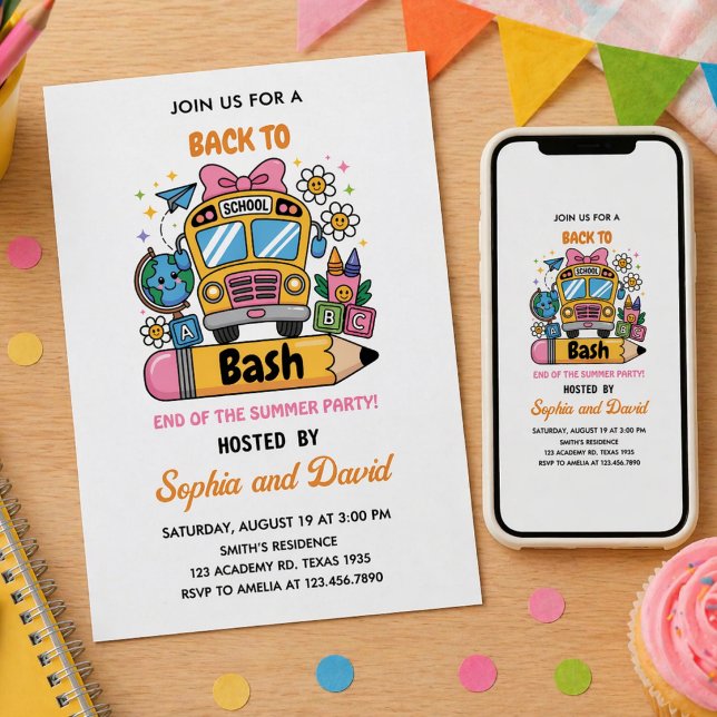 Invitación ¡Fiesta de Regreso a Clases! cumpleaños número 1 d (School’s Back Bash! of Summer 1st birthday Invitation)