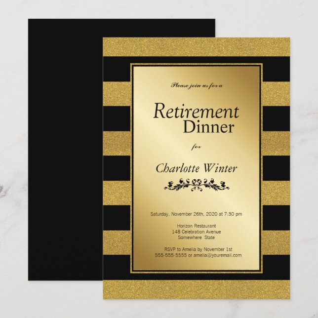 Invitación Fiesta de retiro a rayas de oro negro (Anverso / Reverso)