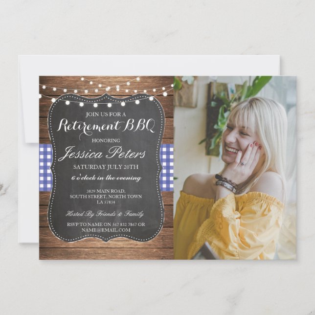 Invitación Fiesta de retiro BBQ Comprobación azul Chalak Ruso (Anverso)