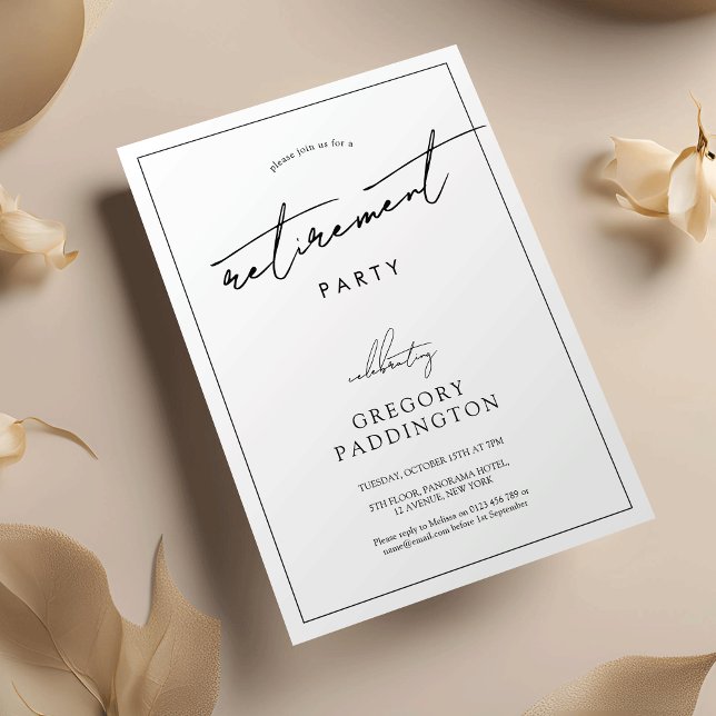 Invitación Fiesta de retiro blanco negro corporativo minimali (Minimalist modern retirement party corporate invitation with trendy handwritten script)