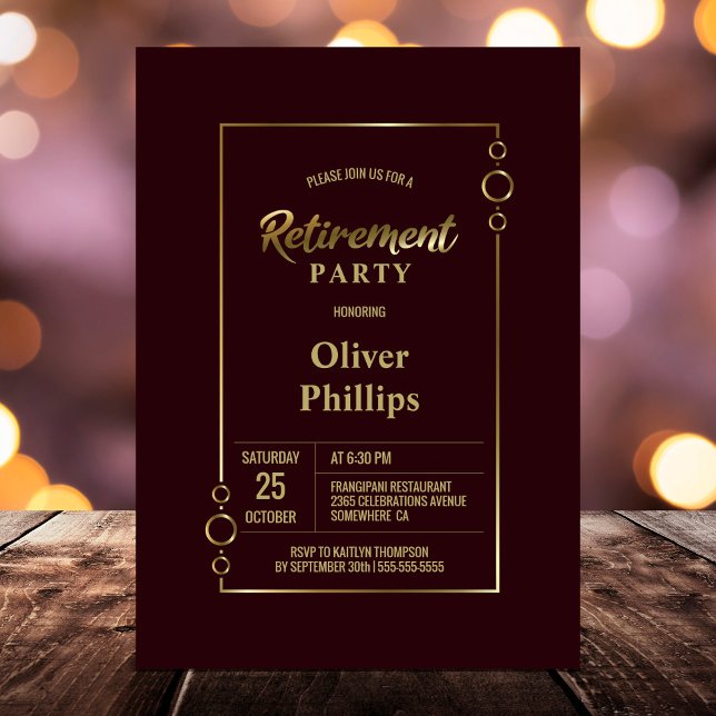 Invitación Fiesta de retiro Borgoña con Fiesta de marco dorad (Subido por el creador)
