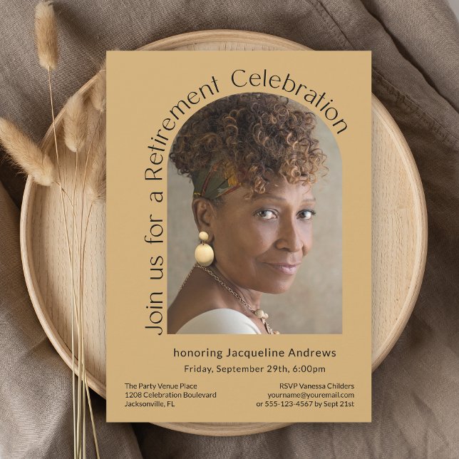 Invitación Fiesta de retiro de arco fotográfico simple de oro (Available as printed and paperless digital download!)