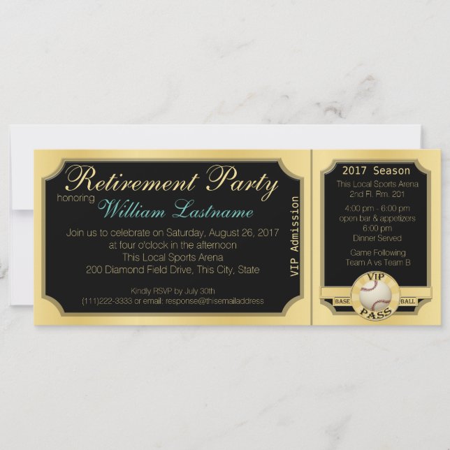 Invitación Fiesta de Retiro de Billetes de Béisbol (Anverso)