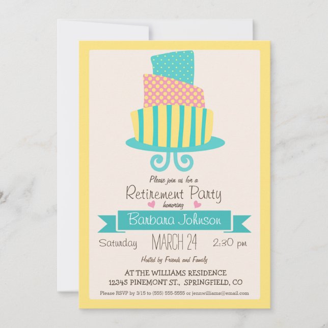 Invitación Fiesta de retiro de bizcocho amarillo, rosa y turq (Anverso)