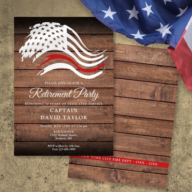 Invitación Fiesta de retiro de bomberos de línea roja delgada (Firefighter Retirement Party Thin Red Line Rustic Invitation)