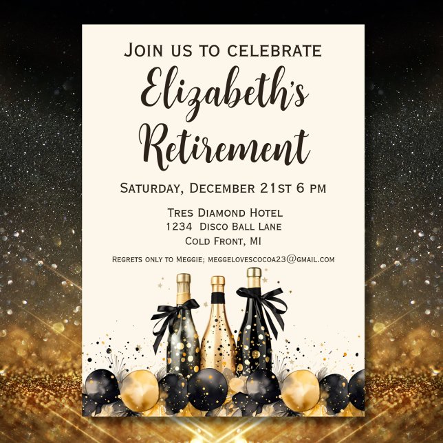 Invitación Fiesta de retiro de champagne negro y oro (Subido por el creador)