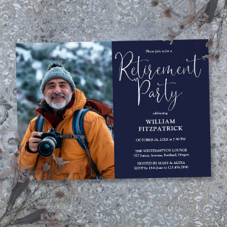 Invitación Fiesta de retiro de foto de Navy Blue Elegant Scri