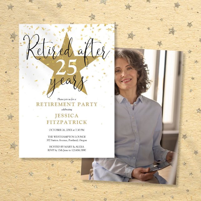 Invitación Fiesta de retiro de fotografía de las estrellas de (Modern Gold Stars Photo Retirement Party Invitation)