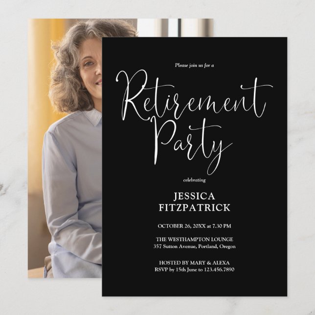 Invitación Fiesta De Retiro De Fotos Con Guión Blanco Y Negro (Anverso / Reverso)