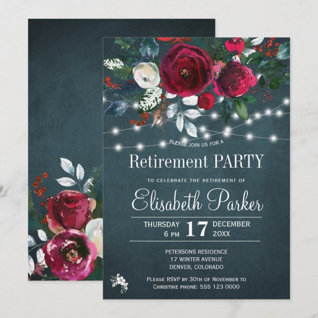 Invitación Fiesta de retiro de invierno floral de acuarela ru (Anverso / Reverso)