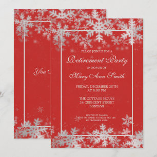 Invitación Fiesta de retiro de invierno rojo con copos de nie