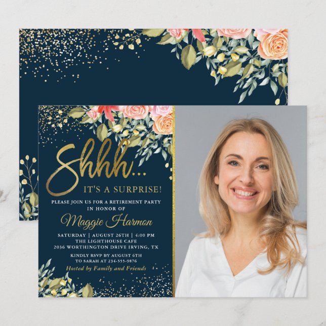 Invitación Fiesta de retiro de la floral Blue Gold (Anverso / Reverso)