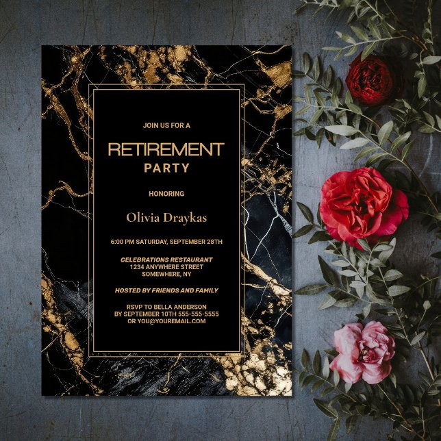 Invitación Fiesta de retiro de mármol de oro negro (Subido por el creador)