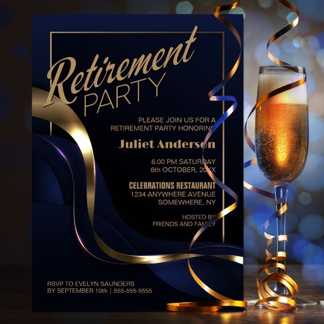 Invitación Fiesta de retiro de oro azul moderno (Subido por el creador)
