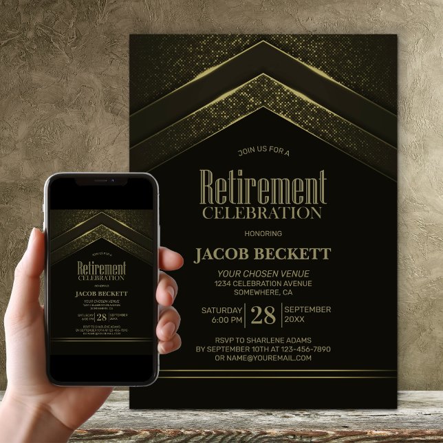 Invitación Fiesta de retiro de oro negro moderno (Subido por el creador)
