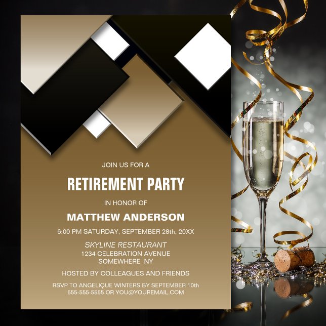 Invitación Fiesta de retiro de oro negro moderno (Subido por el creador)