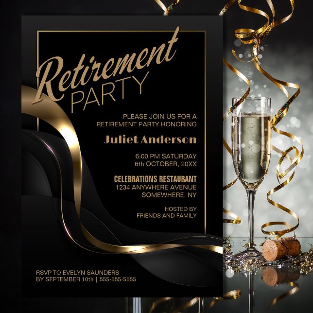 Invitación Fiesta de retiro de oro negro moderno (Subido por el creador)