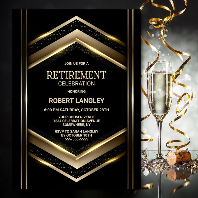 Invitación Fiesta de retiro de oro negro moderno (Subido por el creador)