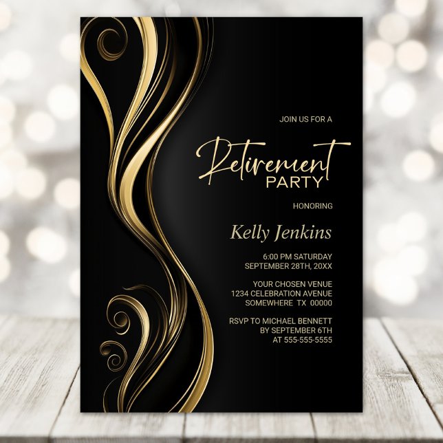 Invitación Fiesta de retiro de oro negro moderno (Subido por el creador)