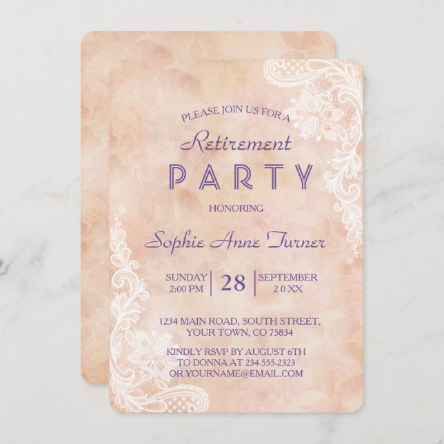 Invitación Fiesta de retiro de papel antiguo de Rosas de enca (Anverso / Reverso)