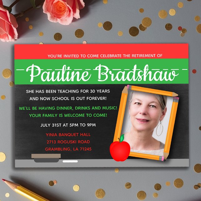 Invitación Fiesta de retiro de profesores de fotografía de Ch (Chalkboard Photo Teacher Retirement Party Invitation
)