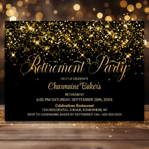 Invitación Fiesta de retiro de Purpurina de oro negro
