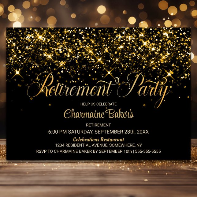 Invitación Fiesta de retiro de Purpurina de oro negro (Subido por el creador)