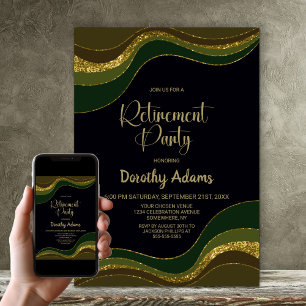 Invitación Fiesta de retiro de Purpurina de oro verde negro